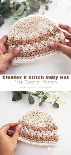 the crochet baby hat is being worked on by two hands, with greenery in the background