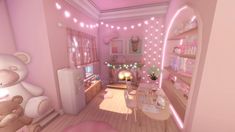 a pink room with teddy bears in it