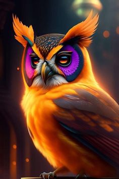 an orange owl with purple eyes is sitting on a branch in front of a dark background