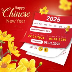 a chinese new year's card with yellow flowers and red paper in the background