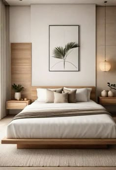 a bedroom with a bed, nightstands and paintings on the wall