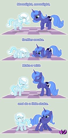 three different pictures of the same pony, one with blue hair and two with white manes