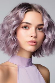 A lavender wavy chin-length bob is your go-to for a style that’s both sweet and edgy. The lavender color sets you apart, while the chin-length cut offers easy maintenance. Click here to check out more trending short wavy bob haircut ideas for 2023. Haircut Ideas For Wavy Hair, Wavy Bob Haircut, Curly Hair For Women, Easy Short Hairstyles, V Shape Hair, Lavender Hair Colors, Short Layered Bob, Bob Haircut Ideas, Short Wavy Bob