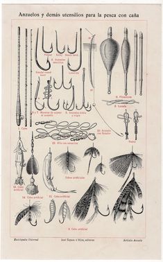 an old book with different types of fishing lures