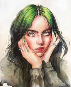 a drawing of a woman with green hair and piercings on her ears, holding her hands to her face