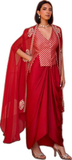 Red Designer Wear Set With Cape Sleeves, Red Designer Sets With Cape Sleeves, Traditional Red Sets With Cape Sleeves, Festive Red Sets With Cape Sleeves, Isha Gupta, Waistcoat Pattern, Organza Embroidery, Red Cape, Draped Skirt