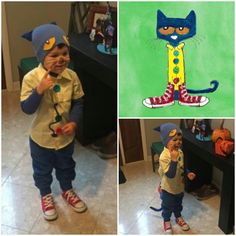 three pictures of two children in costumes and one has a cat on his head while the other is holding a microphone