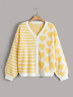 Yellow Casual Collar Long Sleeve Fabric Heart,Striped  Embellished Slight Stretch Fall/Winter Women Plus Clothing Yellow Clothes, Drop Shoulder Cardigan, Cardigan Casual, Pullover Outfit, Plus Size Cardigans, Ținută Casual, Modieuze Outfits, Casual Cardigans, Plus Size Kleidung