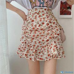 Orcajump - High-waisted Floral Printed Half Skirt with Ruffle Hem and Fish Tail Design Skirt With Ruffle Hem, Fish Tail, Half Skirt, Cherry Red, Floral Printed, A Line Skirt, Ruffle Hem, A Line Skirts, A Line