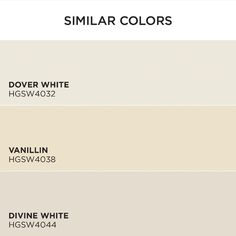 four different shades of white paint with the names similar colors in each color, and one is