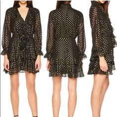 Gorgeous Black And Gold Shirt Dress With Ruffles And Tie At Waist From Bardot! New With Tags Polka Dot Long Sleeve Mini Dress For Party, Polka Dot Long Sleeve Dress For Night Out, Long Sleeve Polka Dot Dress For Night Out, Polka Dot Long Sleeve Mini Dress For Night Out, Polka Dot Dresses For Night Out In Fall, Polka Dot Dress For Night Out In Fall, Polka Dot Mini Dress For Fall Party, Gold Shirt Dress, Gold Dress Shirt