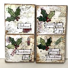 three christmas cards with holly leaves on them and the words believe, peace, joy