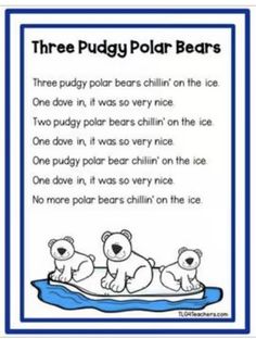 three polar bears on an ice sheet with the words, three pudy polar bears