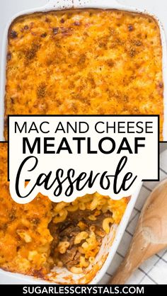 macaroni and cheese casserole with text overlay