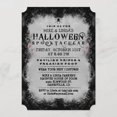 a halloween party flyer with black and white graphics on the front, featuring an image of a spooky spider