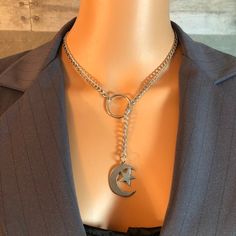 Discreet public day collar Submissive All stainless steel chain & Eternity Open O ring Y Lariat crescent moon and star pendant celestial Moon And Star Pendant, Star Pendant