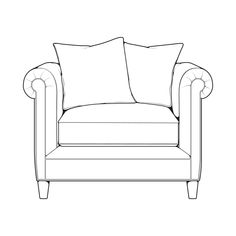 a line drawing of a chair with two pillows on it's back and arms