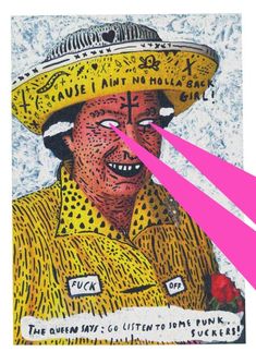 a drawing of a man wearing a sombrero and holding a pink sticker