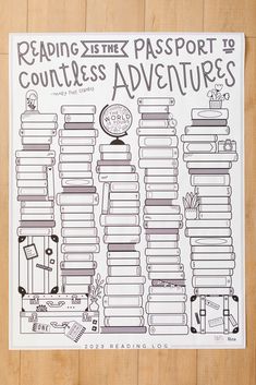 the reading street passport to countless adventures poster on a wooden floor with books stacked in rows