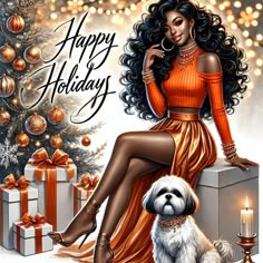 a woman in an orange dress sitting next to a white dog with presents around her