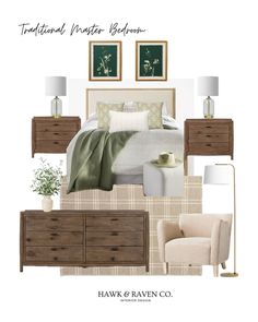 a bedroom is shown with furniture and decor in shades of beige, green, and white