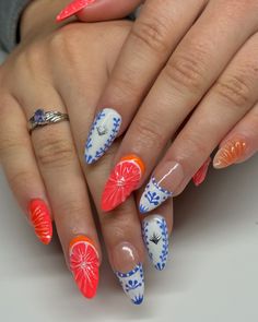 IG: @Thxsyd Clase Azul Nails French, American Dream Quotes, Mexican Style Nails, Clase Azul Nails, Rocker Nails, Azul Nails, Nails Fruit, French Orange, Fruit Nail Designs