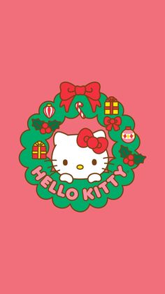 the hello kitty christmas wreath is shown on a pink background with green and red decorations