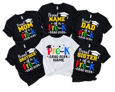 Pre-K Graduation Shirt, Custom Family Pre-K Graduation Shirt, Proud Pre-K Graduation Shirt, Graduation Shirt, Personalized Pre-K Graduation  * Processing time is 1 business day (there may be exceptions during holiday seasons). Delivery time is based on your shipping type selection and location. Please check the estimated delivery times at checkout and upgrade the shipping at checkout if you need it sooner. * All items are made-to-order. Because of the nature of these items, unless they arrive da Customizable Black School Spirit Top, Customizable Black Top For School Spirit, Customizable Black T-shirt For School, Black Letter Print Shirt For Graduation, Black Shirt With Letter Print For Graduation, Customizable Black T-shirt For Graduation, Black School Shirt With Custom Print, Black Custom Print Shirt For School, Black Custom Print School Shirt