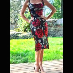 Spooner Prague 100% Silk Black And Red Roses Midi Dress. This Dress Is So Flattering, With A Contoured Waist Built Into The Cut And A Gorgeous Flowing Design. Side Zipper Makes For Easy Entry. This Is A Vintage Dress And Does Not Have A Size Tag, But I Am 5'6 And Weigh 125 Lbs. My Measurements Are 34 In, 26 In, 36 In. In Perfect, New Without Tags Condition. I Look Very Forward To It Getting More A Wear Than I Can Give It In The Pacific Northwest! Sleeveless Fitted Midi Dress With Rose Print, Fitted Sleeveless Rose Print Midi Dress, Fitted Sleeveless Midi Dress With Rose Print, Fitted Midi-length Dress With Rose Print, Elegant Fitted Rose Print Midi Dress, Elegant Fitted Midi Dress With Rose Print, Chic Fitted Midi Dress With Rose Print, Elegant Rose Print Dress For Night Out, Chic Evening Dress With Rose Print