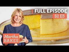 a woman holding a sign that says martha bakes on it and next to a piece of cheesecake