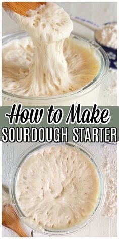 how to make sourdough starter in a glass bowl with a wooden spoon and text overlay