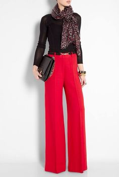 Red Wide Leg Trousers Outfit, Wide Leg Red Pants Outfit, Red Dress Pants Outfit, How To Style Red Pants, Red Pants Outfit Winter, Red Pants Outfit Work, Red Trousers Outfit Classy, Wide Leg Red Pants, Red Pants Fashion