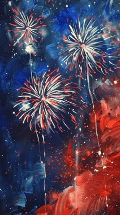 red, white and blue fireworks in the night sky with stars painted on it's side