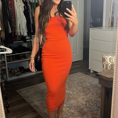 Only Worn Once For A Few Hours! Red Midi Dress With Straight Neckline For Party, Elegant Orange Bodycon Dress For Night Out, Red Midi Dress With Straight Neckline For Date Night, Orange Fitted Dress With Straight Neckline, Chic Red Midi Dress With Straight Neckline, Orange Midi Length Dress For Night Out, Elegant Orange Midi Dress For Brunch, Red Dress With Straight Neckline For Spring, Orange Sheath Midi Dress For Evening