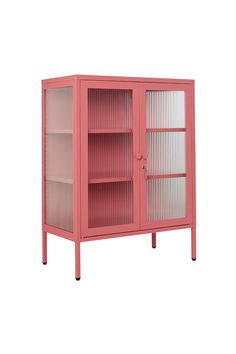 a pink cabinet with two doors and shelves on the front, against a white background