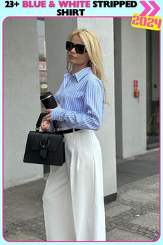 Structured and sophisticated blue and white striped shirt paired with wide-leg trousers. Ideal for a business casual look that feels polished yet approachable, perfect for meetings or a relaxed day at the office.