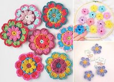 crocheted flowers are shown in different colors