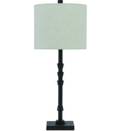 a black lamp with a white shade on it