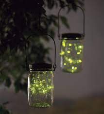 two mason jars filled with green lights hanging from a tree in front of a plant