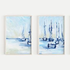 three paintings of sailboats are hanging on the wall