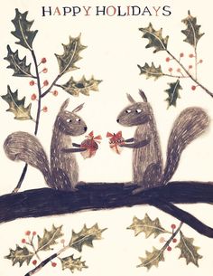 two squirrels are sitting on a branch with holly leaves and berries, one is holding a bow