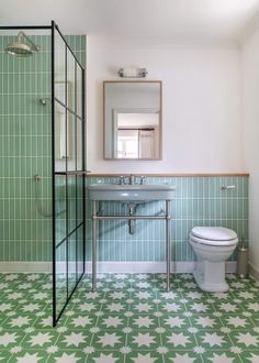 Green Pradena Tile Tiles - Handmade Green Wet Room Bathroom, Colorful Tile Bathroom, Communal Bathroom, Bert And May Tiles, Seaside Bathroom, Flat Inspiration, Reclaimed Tile, Green Tiles