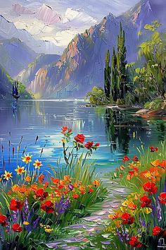 an oil painting of flowers and mountains by the water's edge with a path leading to them