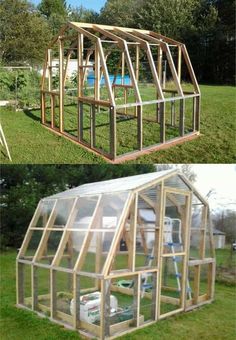 two pictures showing the inside and outside of a small greenhouse with windows on each side