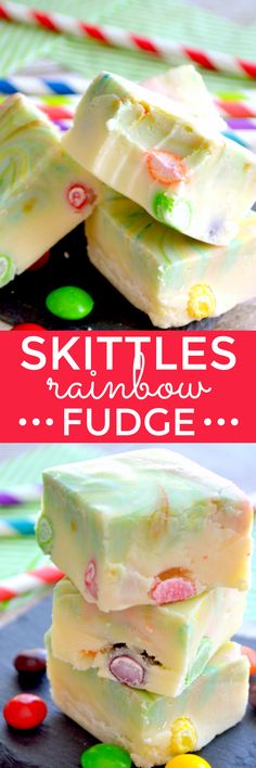 some kind of candy that is stacked on top of each other with the words skittles rainbow fudge