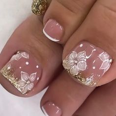 24pcs Sparkling Golden Glitter Flower Press On Toenails With Rhinestone Design - Glossy Full Cover Short Square Nail Designs Toenails, Cateye Nails, Press On Toenails, Feet Nail Design, Pedicure Designs Toenails, Fake Toenails, Pedicure Nail Designs, Gel Toe Nails, Acrylic Toe Nails