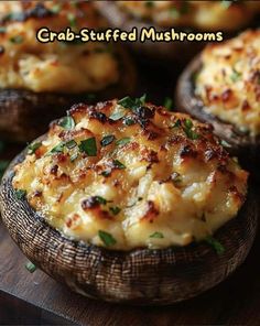 baked stuffed mushrooms on a wooden cutting board