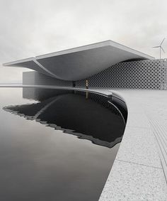 an artistic rendering of a building with water and wind mills in the background