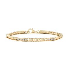 Chic and modish, this curb chain bracelet makes for a staple piece of jewelry. It is crafted in 14k yellow gold and embellished with pave-set diamond stations. Elegant Cuban Link Bracelet With Box Chain, Elegant Cuban Link Bracelet With Diamond Accents, Elegant Curb Chain Bracelet With Rectangular Links, Yellow Gold Diamond Bracelet With Cuban Link Curb Chain, Elegant Diamond Cuban Link Bracelet For Anniversary, Elegant 14k Gold Diamond Bracelet With Curb Chain, Elegant Cuban Link Tennis Bracelet, Diamond Curb Chain Link Bracelet, Elegant Cuban Link Bracelet With Pave Setting