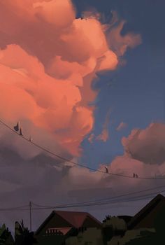 some birds are sitting on wires in front of an orange and blue sky with clouds